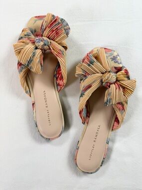 Loeffler Randall Daphne Floral Pleated Bow Flat Sandals Size 7 EUC